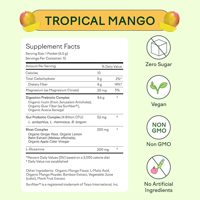 Feel Goods Gut Guardian, Organic Fiber, Probiotic & Prebiotic Powder, Sugar Free, Herbs for Bloat, Gut Health Support, Digestive Health for Men & Women, Non GMO, Vegan, Tropical Mango, 15 Servings