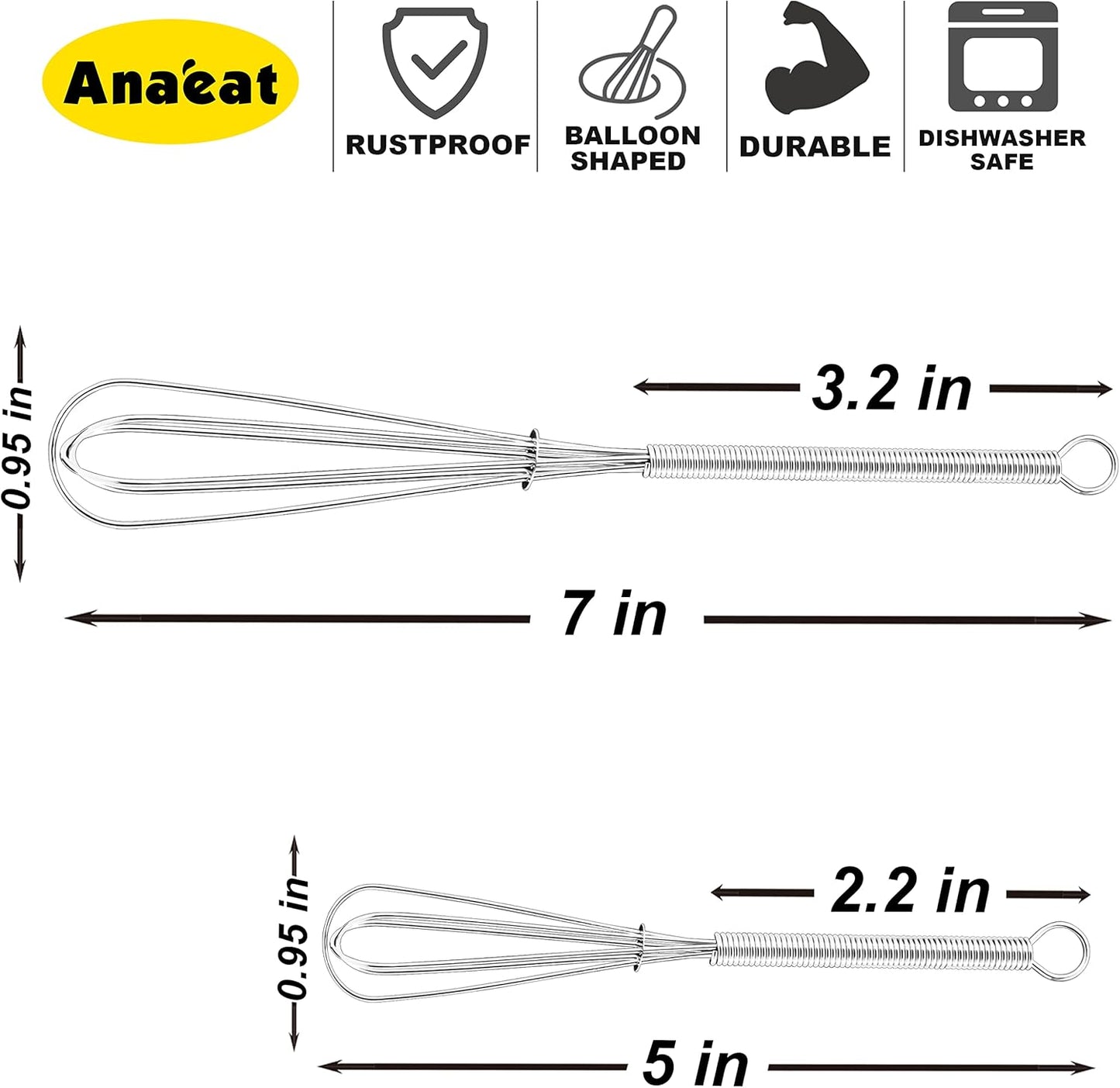 Anaeat Mini Wire Whisks, Set of 2 Portable Stainless Steel Kitchen Tiny Whisk & Egg Beater with Thick Wire - Sturdy Small Mixing Balloon for Cooking, Blending, Whiping, Beating and Stirring (5" + 7")