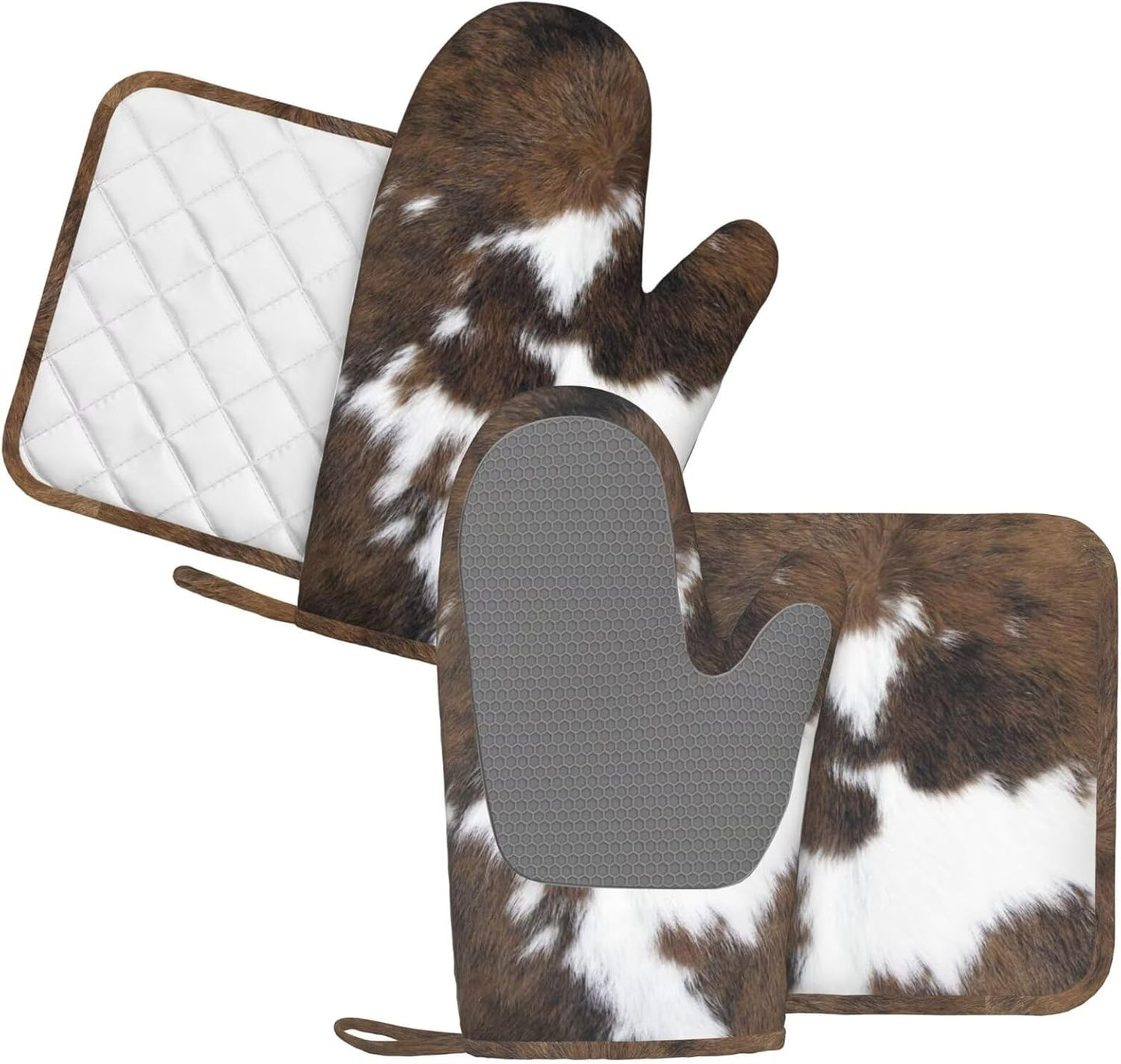 Cow Print Oven Mitts and Pot Holders Set of 4 Silicone Brown Cowhide Kitchen Mitten Gloves and Non-Slip Brown White Cow Print Potholders Set Heat Resistant Oven Gloves Hot Holders for BBQ