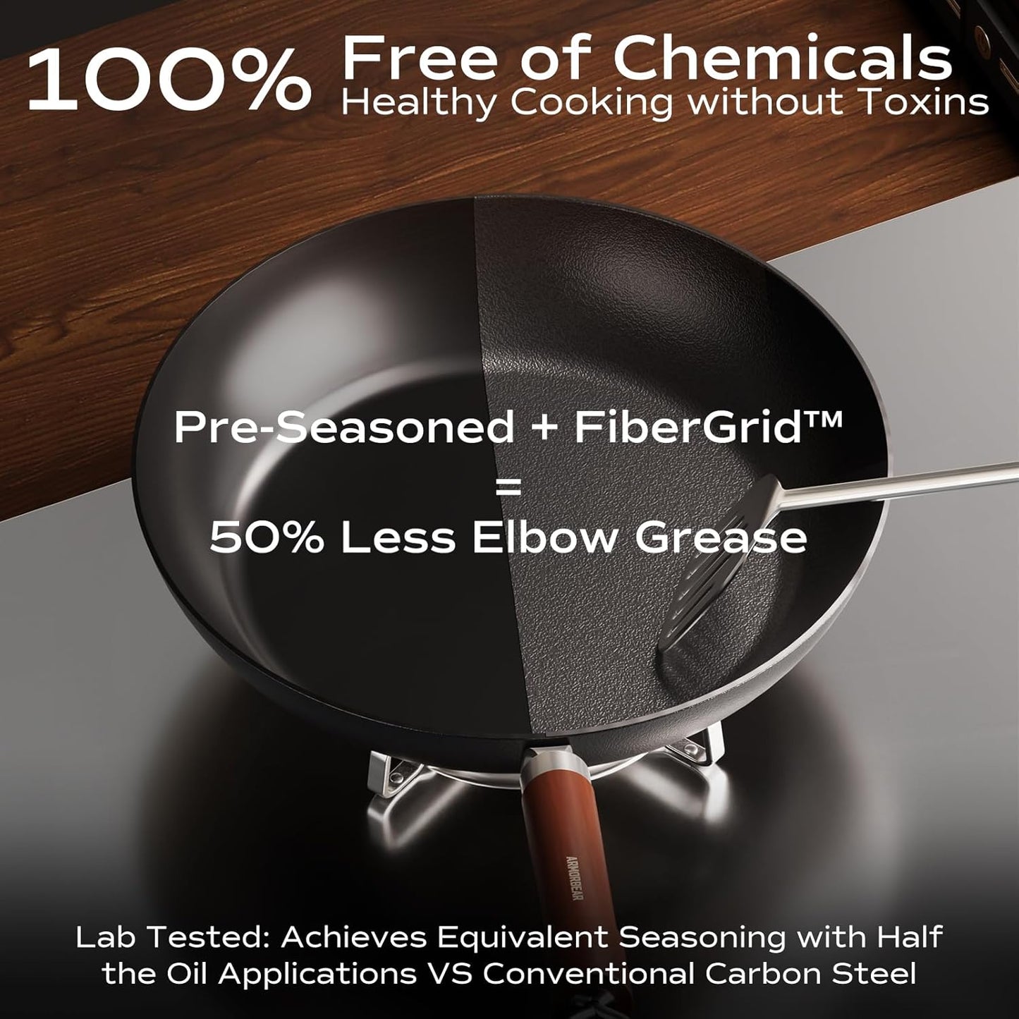 Carbon Steel Frying Pan, Pre-Seasoned 11-Inch Cooking Skillet Wooden Handle, PFAS & PFOA-Free, Nitrided Black Fry Pan for Kitchen, Camping, Chef Use