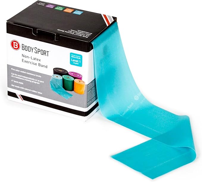 Body Sport Exercise Band, 25 yd. x 4 in. Roll, Low Resistance - Home & Gym Fitness Equipment for Stretching, Strength Training & Physical Therapy (Light Resistance Blue)