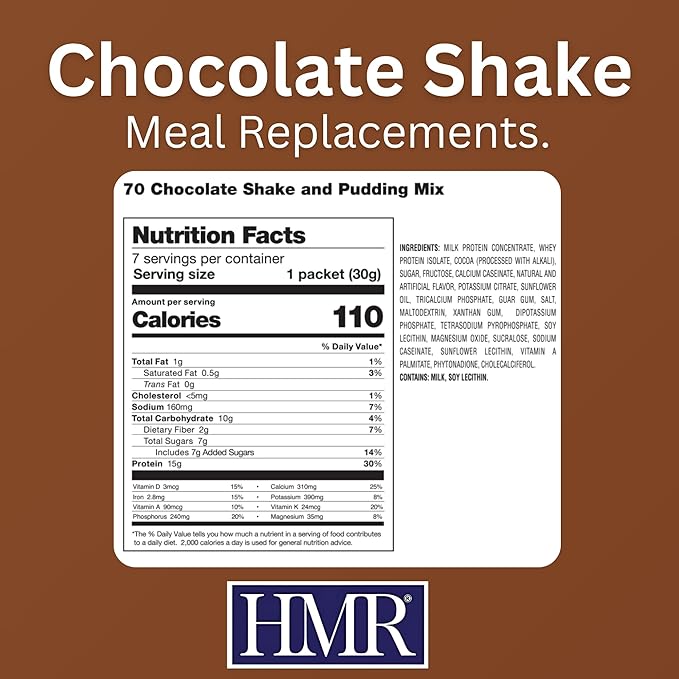 HMR 70 Plus Chocolate Shake & Pudding Mix | Meal Replacement Powder | Lactose-Free | 15g Protein | Supports Healthy Weight Loss | Easy to Make | Low Calorie | 21 Single Serving Packets