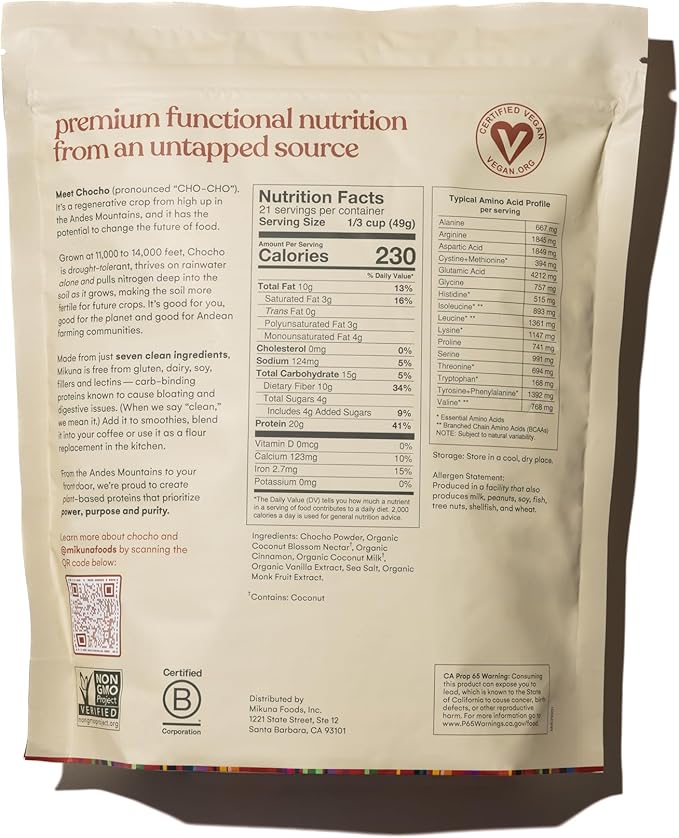 Mikuna Chocho Superfood Protein, Plant-Based Protein Powder - Vegan, Gluten Free, 3g Net Carbs or Less, and Bioavailable, Non-Isolate (21 Servings, Cinnamon Horchata)