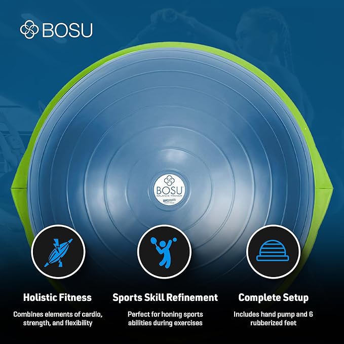Bosu Balance Ball Exercise Trainer, Home Gym Equipment w/ Guided Workouts & Pump, 26", Blue - Inflatable Fitness Platform for Strength Training, Standing, Balancing, and Core Workout