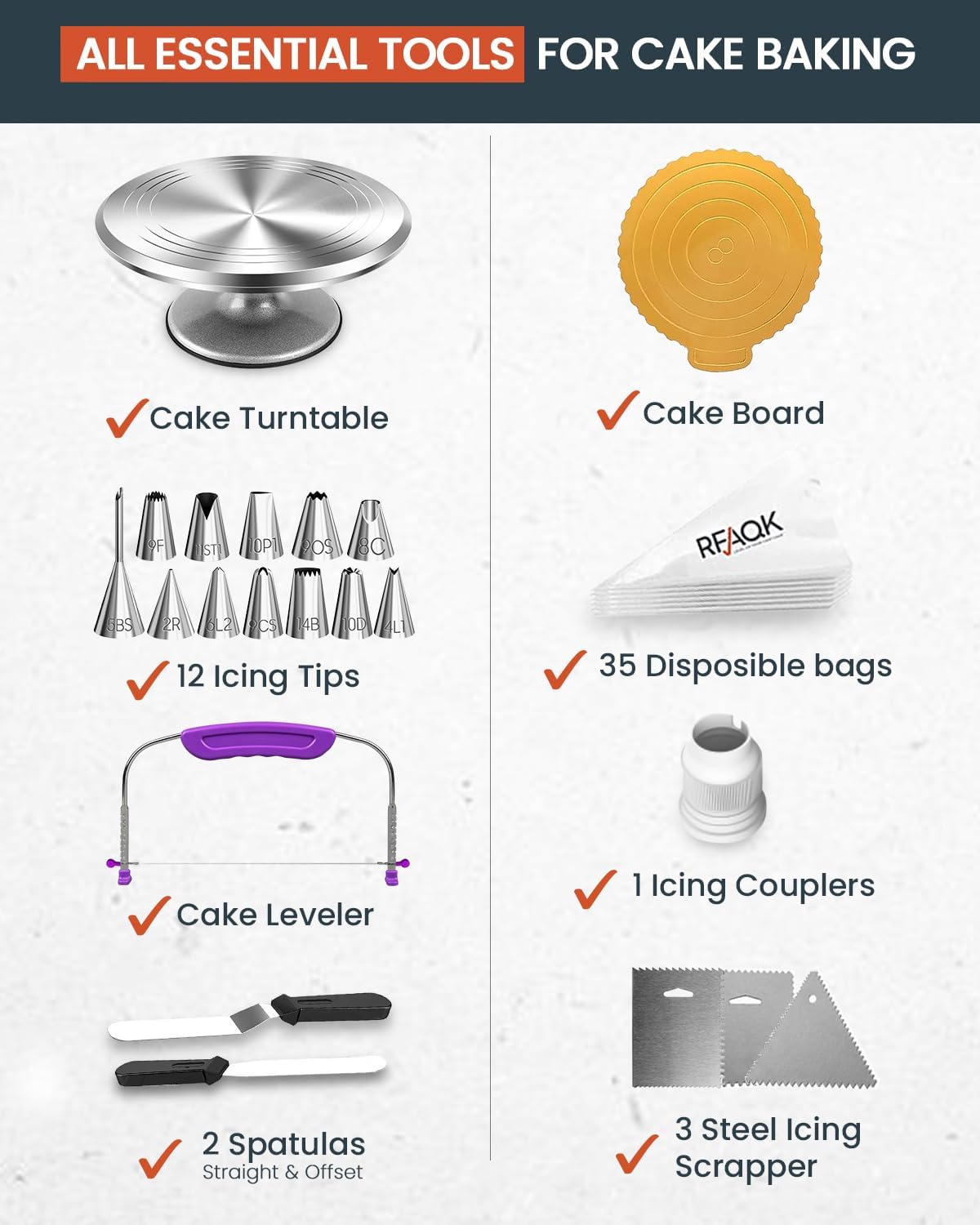 RFAQK 50PCs Cake Decorating Supplies Kit with 12" Aluminum Rotating Cake Turntable Stand, Professional Leveler, Straight & Offset Spatulas, 12 Numbered Icing Tips & Bags