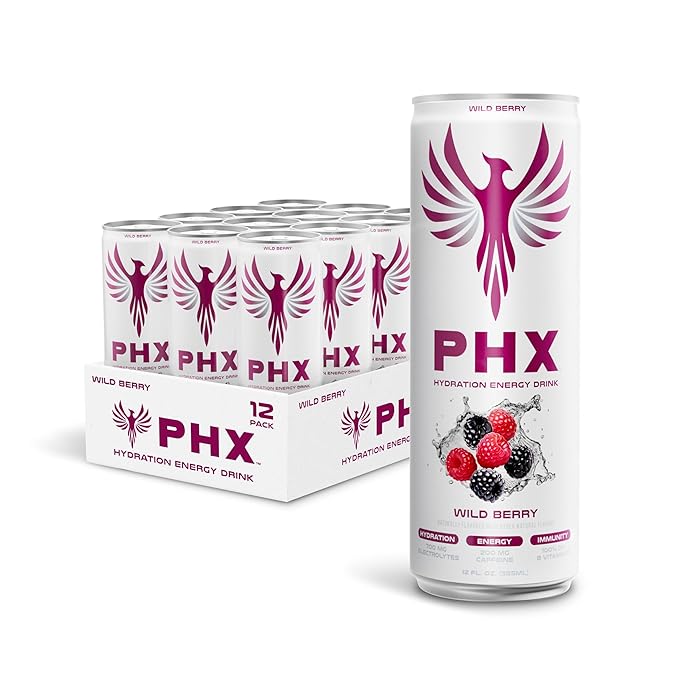 PHX Hydration Energy Drink - 700mg Electrolytes, 200mg Natural Green Tea Caffeine, 100% Daily Value 8 Essential Vitamins - 12 oz Cans (12 Pack) (12 Pack, Wild Berry)