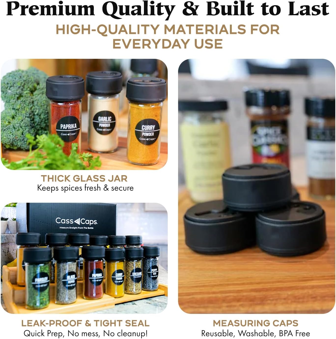 Glass Spice Jars & Measuring Cap Set - Twist to Dispense 1/4 Tsp Per Turn for Precise Cooking - Spice Jars with Lids Keep Kitchen Organized & Tidy - Enjoy Round Spice Jar Without Mess -1 Pack