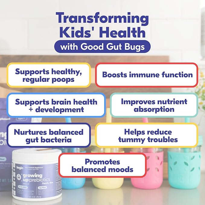 Begin Health Growing Up Prebiotics for Kids 28-Packs | Prebiotic Soluble Powder Stool Softeners and Digestive Gut Health Supplement | Ideal to Mix with Kids Daily Beverages and Soft Foods - Unflavored