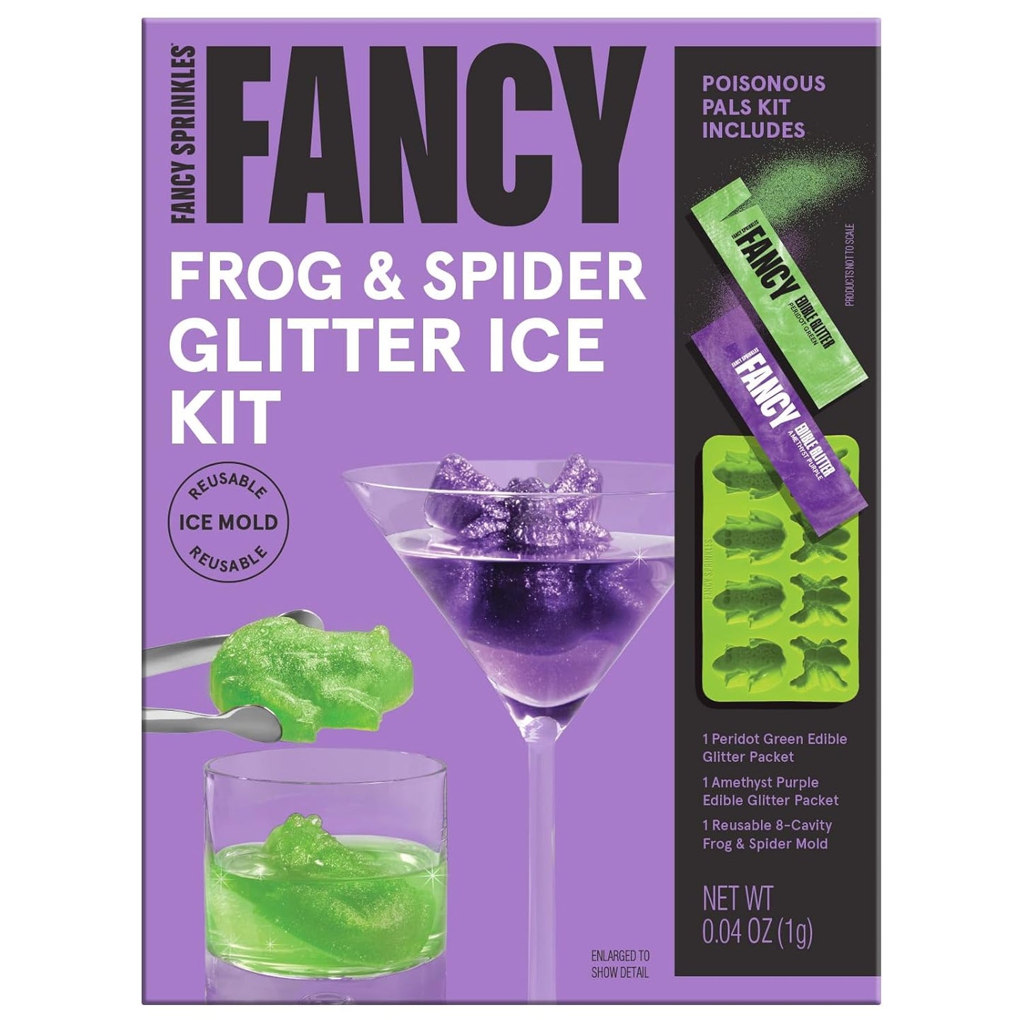 Fancy Sprinkles Limited Edition Halloween Poisonous Pals Glitter Ice Decorating Kit For Halloween Celebrations with Reusable Silicone Mold of Both Frogs and Spiders, and Two Colors of Edible Glitter