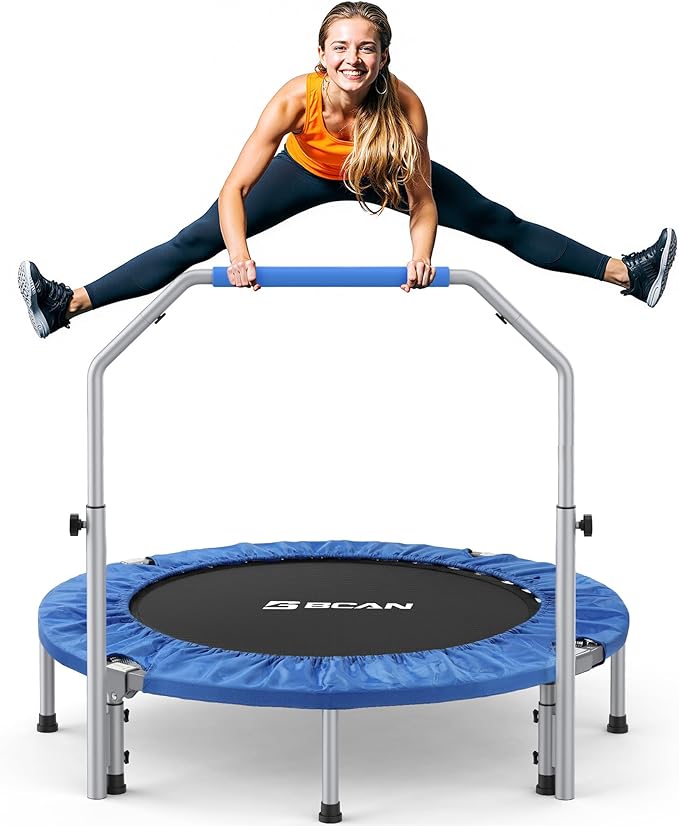 BCAN 40/48" Foldable Mini Trampoline Max Load 330lbs/440lbs, Fitness Rebounder with Adjustable Foam Handle, Exercise Trampoline for Adults Indoor/Garden Workout