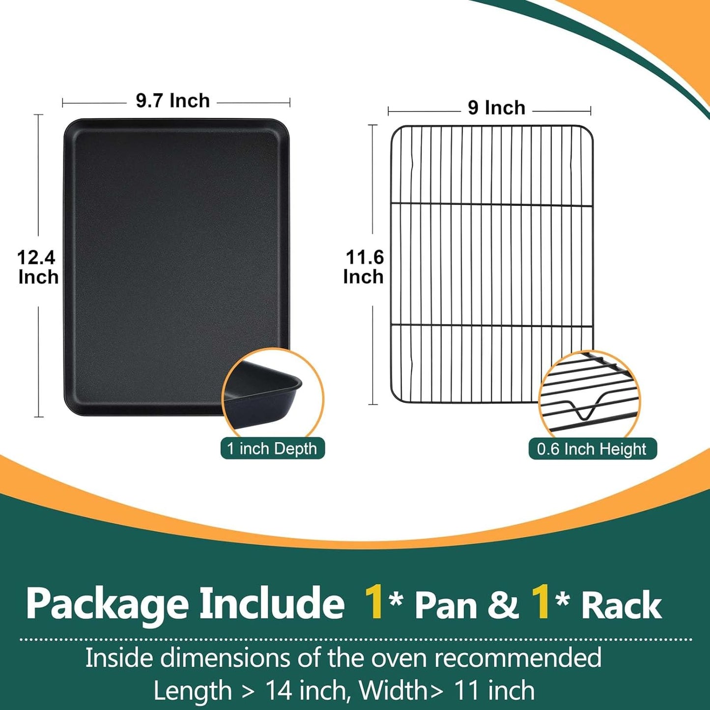 P&P CHEF Baking Oven Sheet Pan with Rack for Cookie, Nonstick Oven Tray and Cooling Rack for Baking & Roasting, Easy Clean, Black, 12.4 x 9.7 Inch