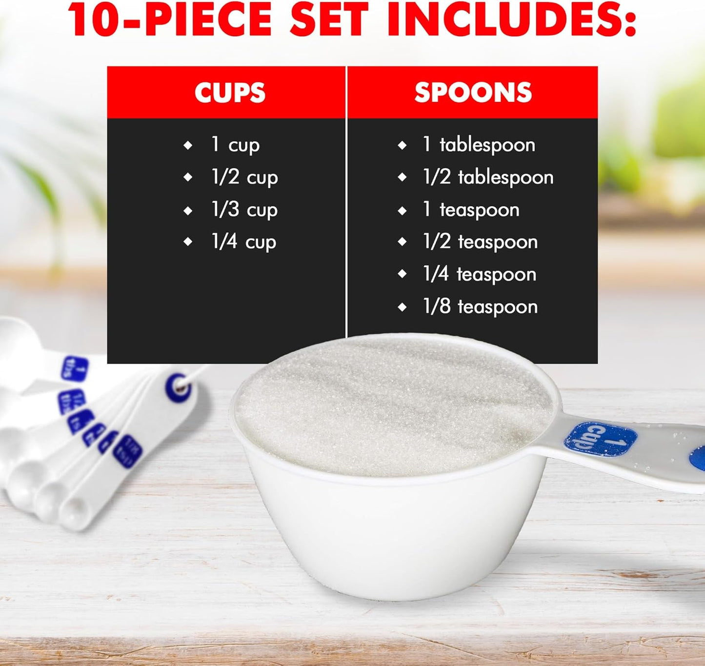 Chef Craft Easy to Read Plastic Measuring Cup Set, 10 Piece, white