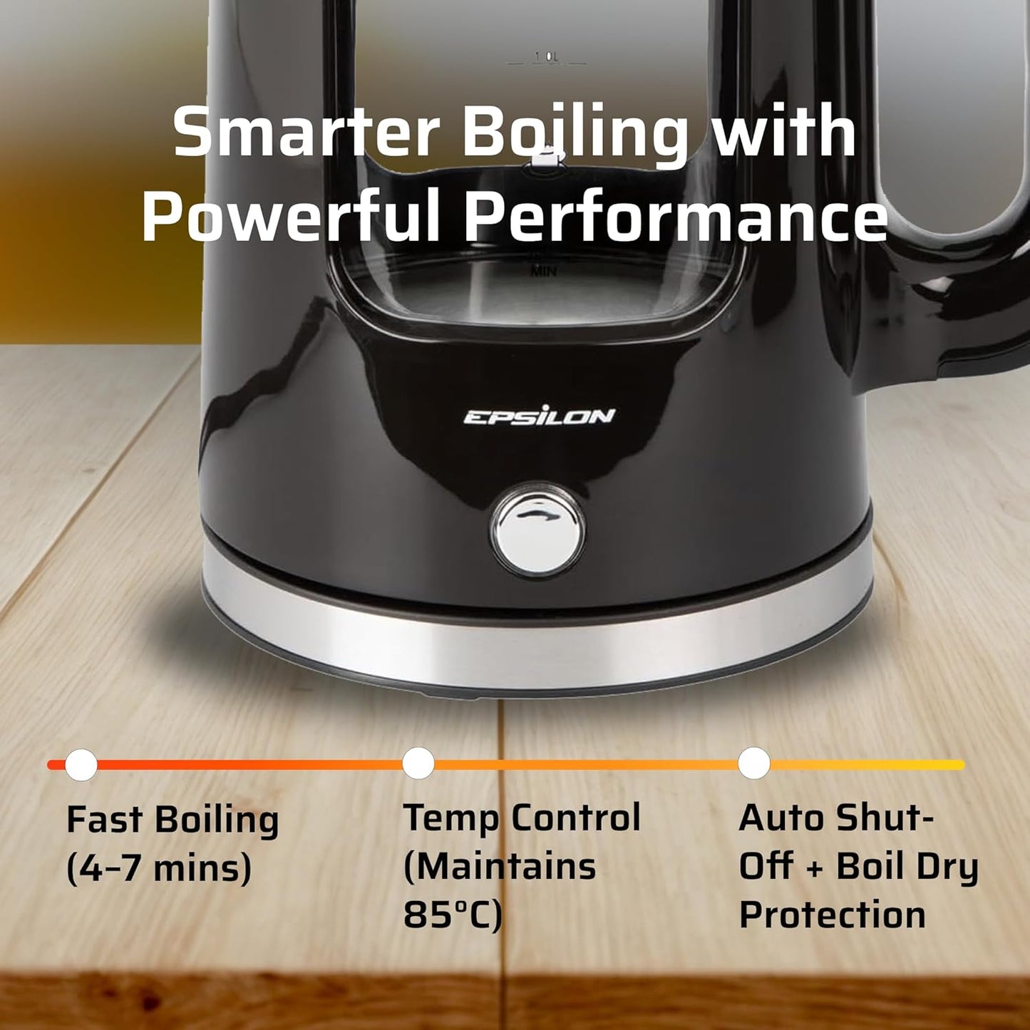 Epsilon 1.7L Glass Electric Kettle – Hot Water Tea Kettle with LED Light, Stainless Steel & Borosilicate Glass, Auto Shut-Off, BPA-Free Electric Teapot, 1500W Fast Boil, Cool Touch