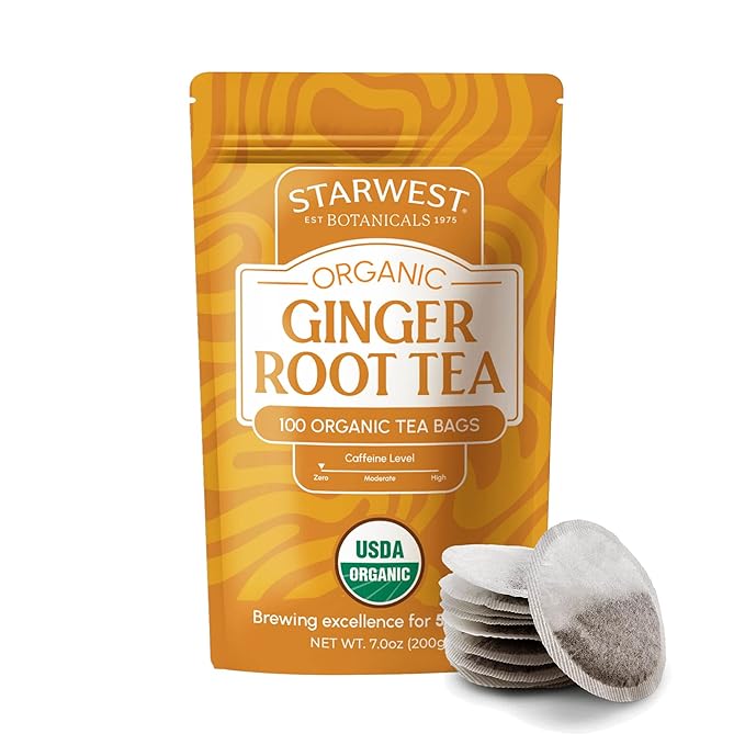 Starwest Botanicals Organic Ginger Root Tea - Caffeine Free Herbal Tea, Supports Digestion, String Free Sachets, USDA Organic Ginger Root, Non GMO - Bulk Pack, 100 Tea Bags