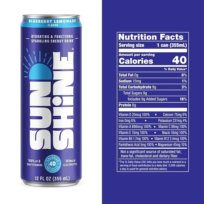Sunshine Sparkling Energy Drink, Blueberry Lemonade with Daily Essential Vitamins, 360mg of Electrolytes, 70mg of Natural Caffeine, 12 Fl Oz (Pack of 24)