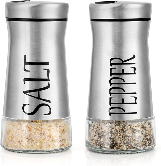 Accmor Salt and Pepper Shakers with Adjustable Pour Hole, Stainless Steel Salt Pepper Shaker Dispenser with Glass Bottom for Kitchen Cooking, RV, Camp, BBQ