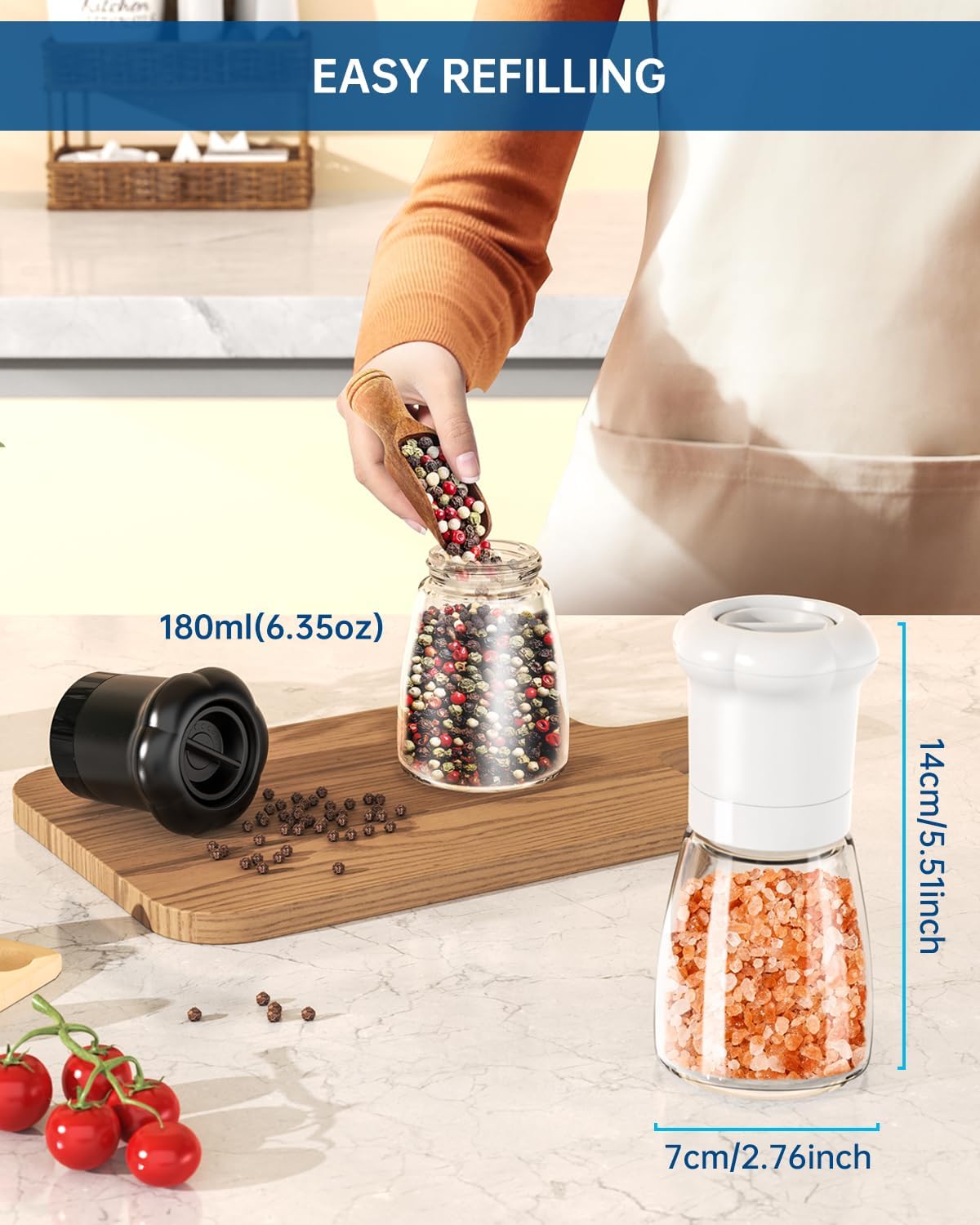 CIRCLE JOY Manual Salt and Pepper Grinder Set For Professional Chef, Refillable Salt and Pepper Shakers with Ceramic Blades, Adjustable Coarseness and BPA-free 180ml Glass Container, Short Black White