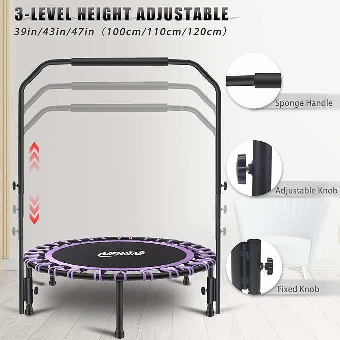 Newan 40" Silent Mini Trampoline with Adjustable Handle Bar Fitness Trampoline Bungee Rebounder Jumping Cardio Trainer Workout for Adults - Max Limit 330 lbs