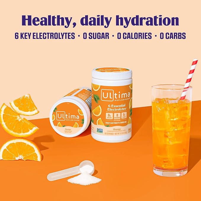 Ultima Replenisher Daily Electrolyte Powder Drink Mix – Sugar Free – Orange, 90 Servings – Hydration Powder with 6 Key Electrolytes and Trace Minerals – Keto Friendly, Vegan, Non-GMO