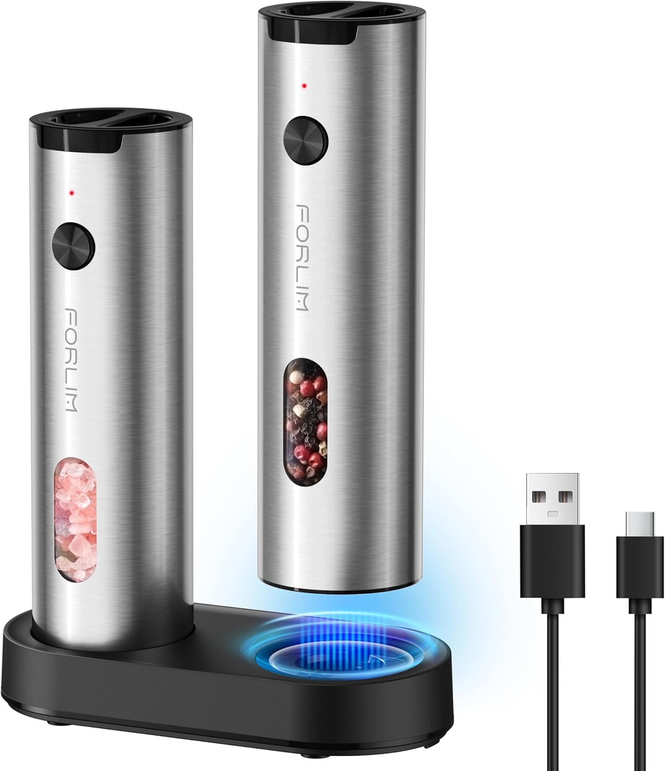 FORLIM Electric Salt and Pepper Grinder Set Rechargeable, Auto Salt and Pepper Grinder set with Charging Base, Adjustable Coarseness, LED Light, Automatic Salt Grinder Refillable,Pepper Shakers Set