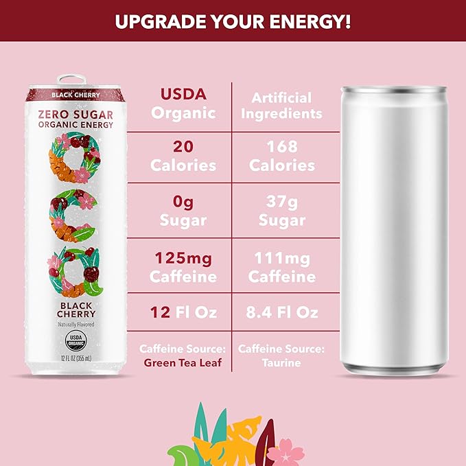 OCA ZERO Black Cherry, Organic energy drink, zero sugar, gluten-free, vegan plant-based, 12 Fl Oz (12-pack)