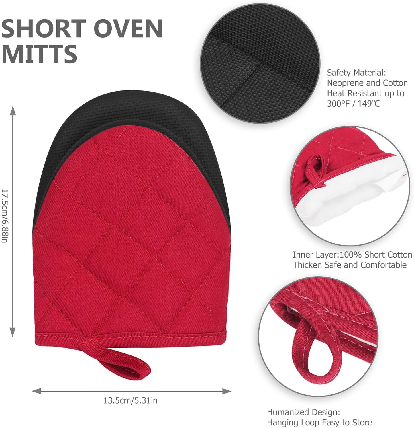 Qulable 1 Pair Short Oven Mitts - Silicone Kitchen Oven Gloves High Heat Resistant 500℉, Mini Oven Mits with Non-Slip Grip Surfaces and Hanging Loop for BBQ, Baking, Cooking and Grilling (Red)