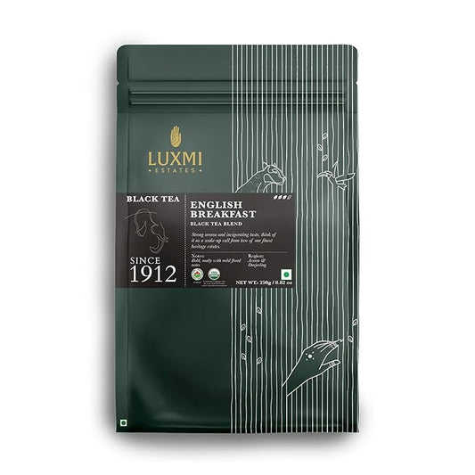Luxmi Estates English Breakfast Tea 250g Loose Leaf Tin | A Tale of Two Estates | Certified Organic Black Tea leaf | Smooth, Flavorful, Robust, Caffeinated | Darjeeling & Assam Tea from India | 125 Cups