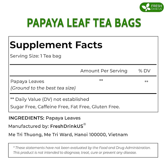 FreshDrinkUS, Premium 135 Papaya Leaf Tea Bags, 100% Natural & Pure from Papaya Leaves. Loose Leaf Papaya Herbal Tea. Made with Natural Material Tea Bags. No Sugar, No Caffeine, No Gluten, Vegan.