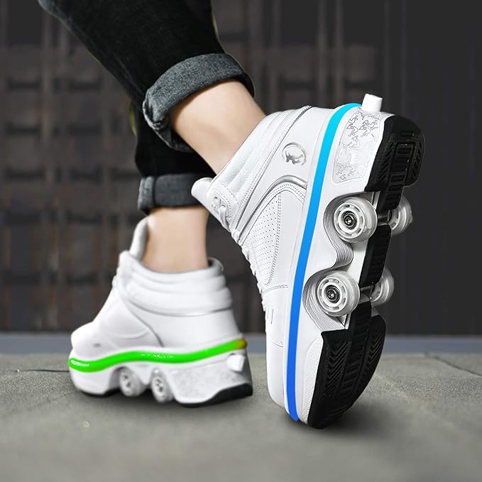 Roller Skate Shoes for Women Four Rounds Children's Roller Skates Shoes That Turn into Rollerskates Sneakers Outdoor Light Shoes with Wheels for Girls/Boys