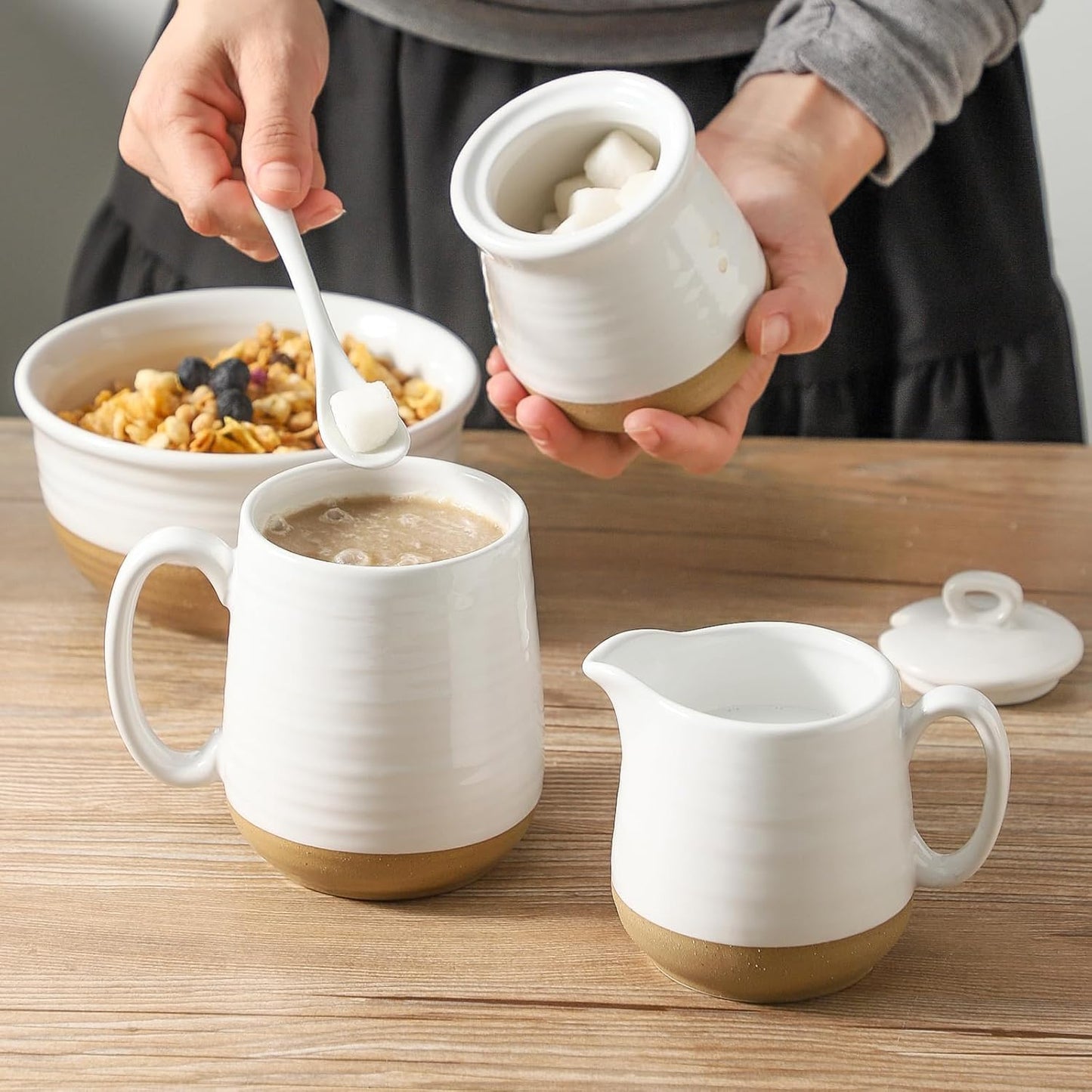 glowworm Sugar and Creamer Set, Vintage Porlcelain Pitcher Creamer Sugar Bowl with Lid, 11 Ounce Sugar Bowl, 10 Ounce Cream Pitcher, Dishwasher Safe, White