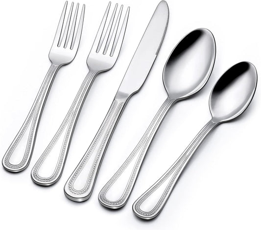 40 Piece Silverware Set for 8, Terlulu Stainless Steel Flatware Set, Mirror Polished Cutlery Set Utensil Set, Tableware Include Forks Spoons Knives for Home Restaurant, Beaded Handle, Dishwasher Safe