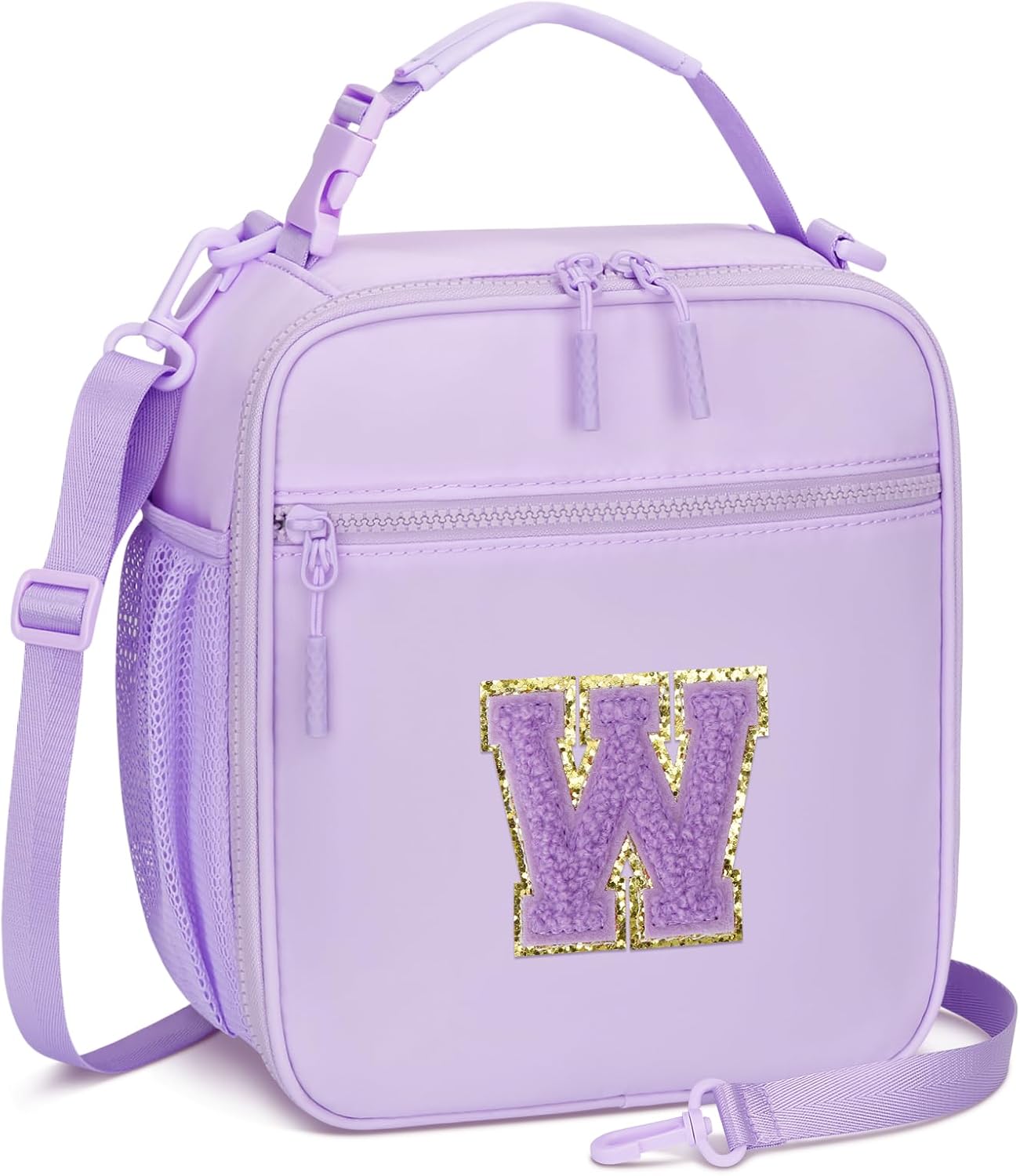 Initial Insulated Lunch Bag for Girls Kids, Back to School Gift, Reusable Leak-proof Lunch Box with Adjustable Strap for School Daycare Travel Picnic (Purple,W)