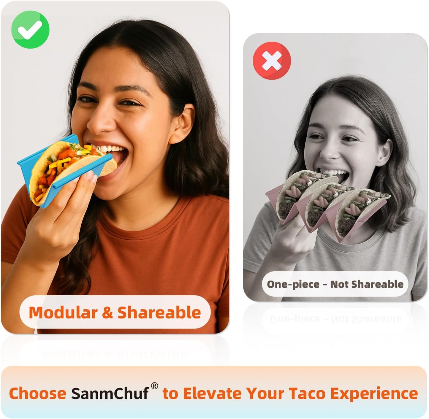 Colorful Taco Holder Set – Set of 6 with 2 Sauce Cups, Connectable & Stackable Plastic Taco Stands, Microwave & Dishwasher Safe, Great for Family Meals & Taco Nights