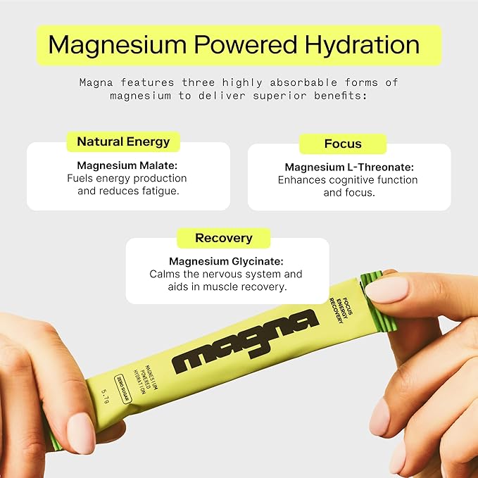 MAGNA Electrolyte Powder Drink Mix for Hydration, Energy & Focus Support with Magnesium L Threonate, Malate & Glycinate, Sodium, Potassium, Vitamin D, B6 & B12, Lemon Lime Flavor, 7 Servings