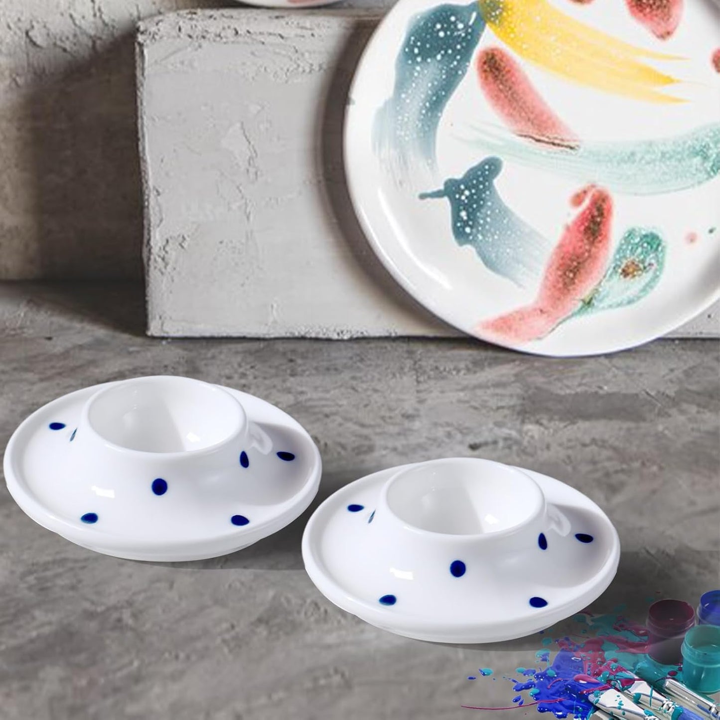 Cinf Ceramic White Egg Holder Set of 2 Porcelain Holder Breakfast Boiled Cooking Easy to Clean Childhood Memories Kitchen（Blue Dot)