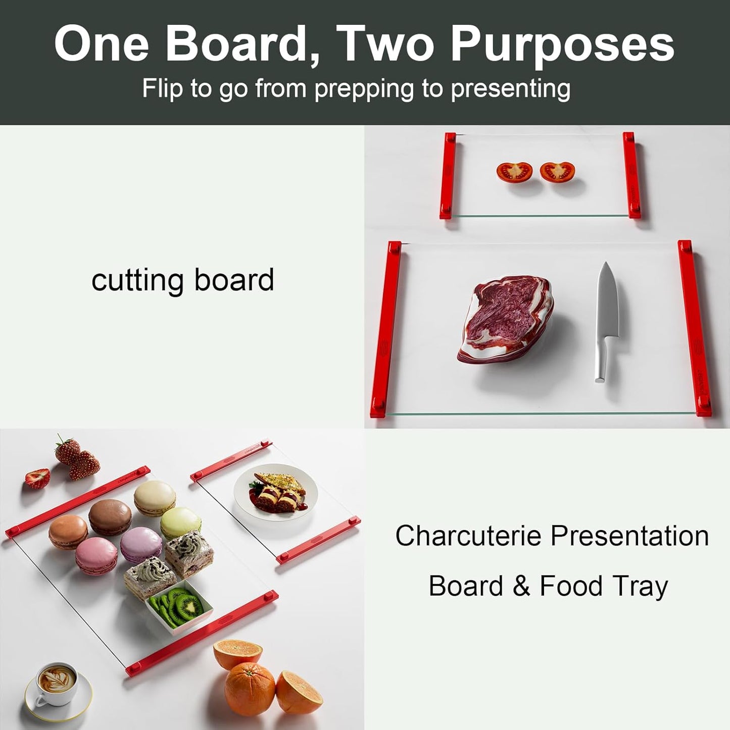 Glass Cutting Board with Silicone Grip, 80% Stronger Shatter Resistance and Slip Resistance,No Scratches/Microplastic-Free,Dishwasher Safe, Non Toxic Cutting Board for Kitchen (Red-12 * 8"&16 * 12")