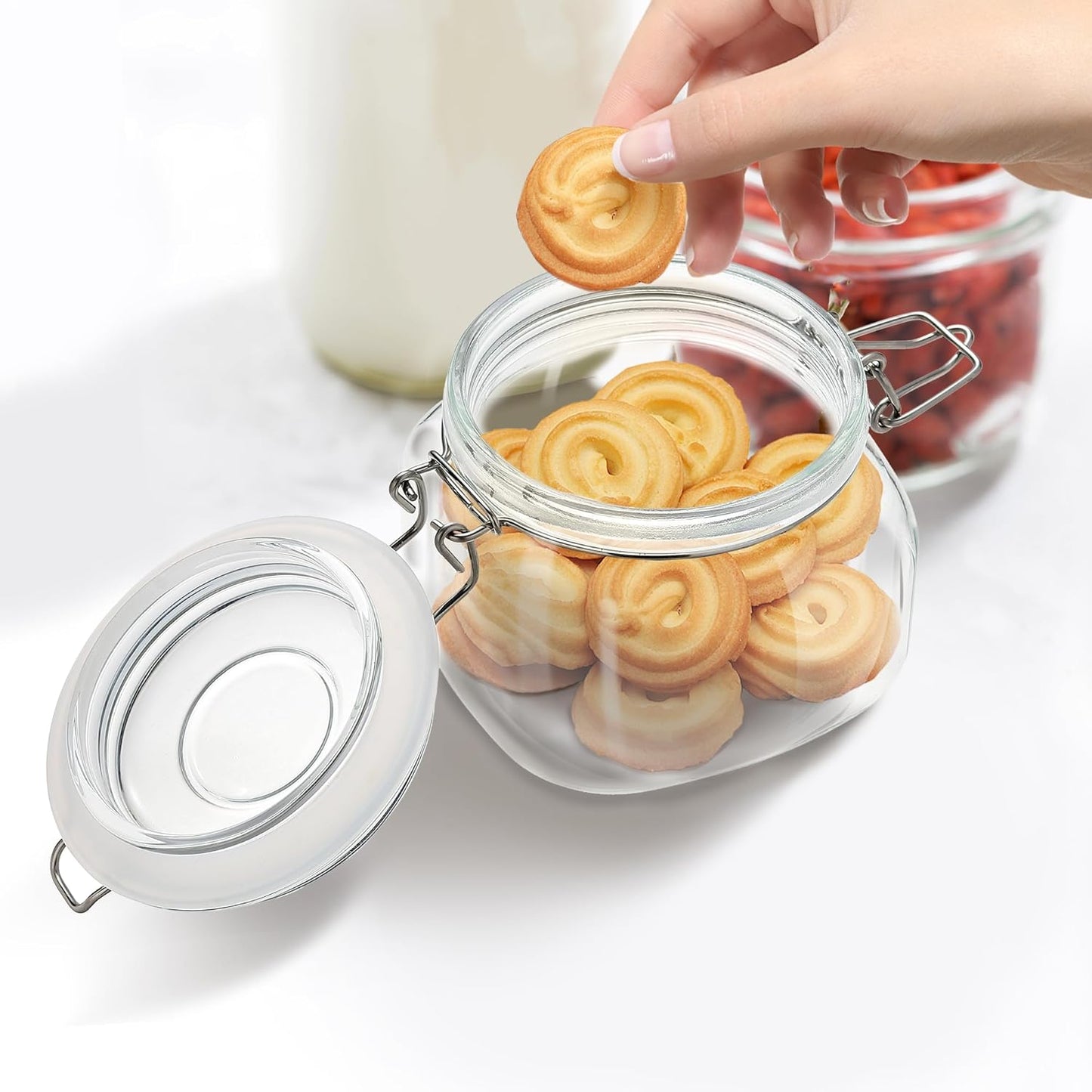 Glass Food Storage Jars with Airtight Lids 17 oz Square 4 Pack Kitchen Storage Containers Cabinet Canisters Sealed Pot Canning for Pasta, Cereal, Coffee, Beans, Spice