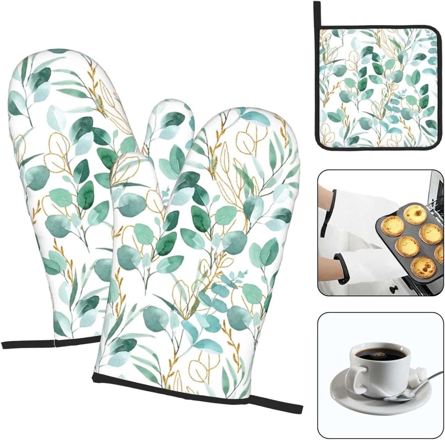 Sage Green Leaves Oven Mitts and Pot Holders Sets Heat Resistant for Kitchen BBQ Microwave Baking Grilling Cooking Set of 3 Cute Botanical Kitchen Oven Glove