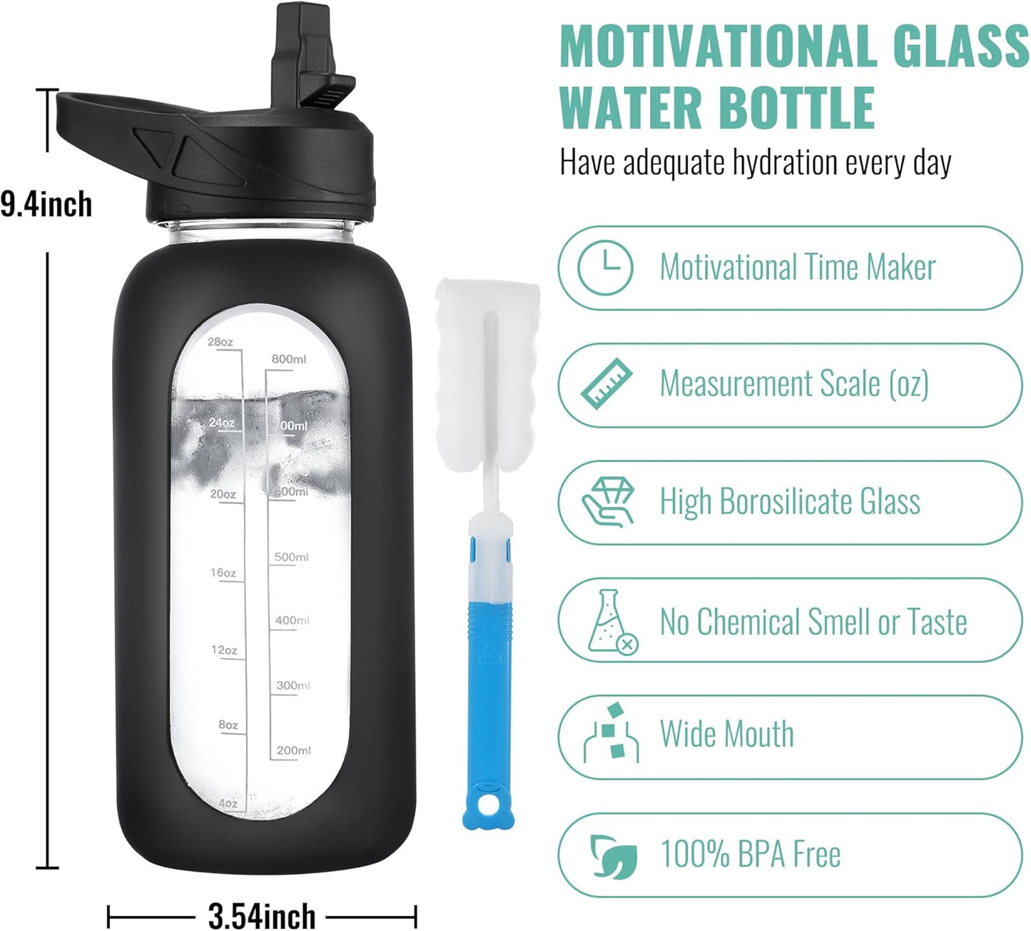 CIVAGO 32 oz Glass Water Bottle with Straw and Handle, Large Sports Motivational Water Bottle Flask with Time Marker and 2 Lids, Leakproof Water Jug Canteen with Silicone Sleeve for Gym,Lavender