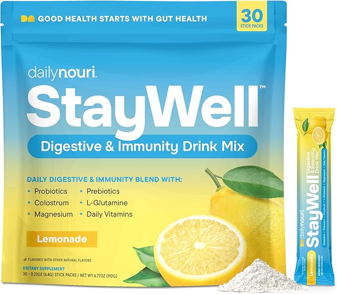 Nouri Daily StayWell Digestive & Immunity Drink Mix | Supports Gut Health, Digestion, Immunity & Energy | Probiotics, Prebiotics, Colostrum & Daily Vitamins | 30 Stick Packs