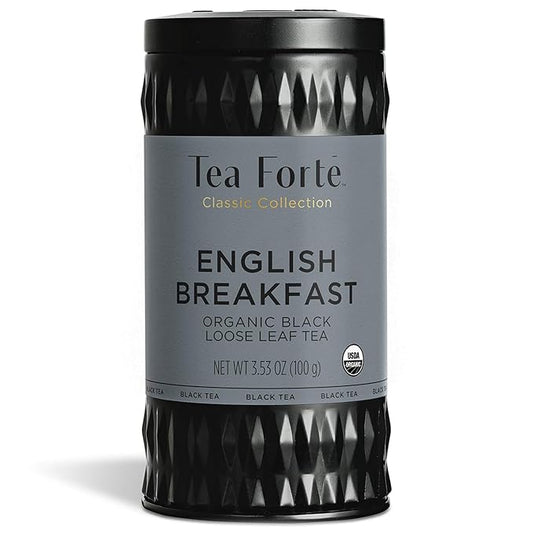 Tea Forte English Breakfast Premium Organic Loose Leaf Caffeinated Black Tea Blend Canister, Makes 35-50 Cups