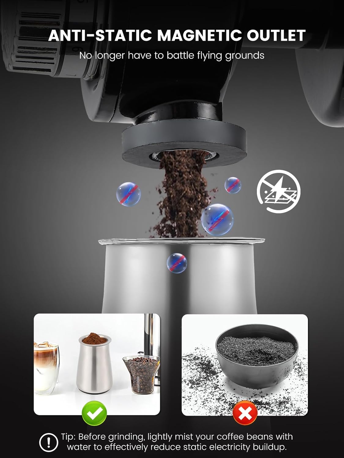 Huanyu Stainless Steel Coffee Grinder Electric with 8 Grinding Settings Flat Burr Coffee Grinder Adjustable Burr Coffee Grinders for Home Use Black
