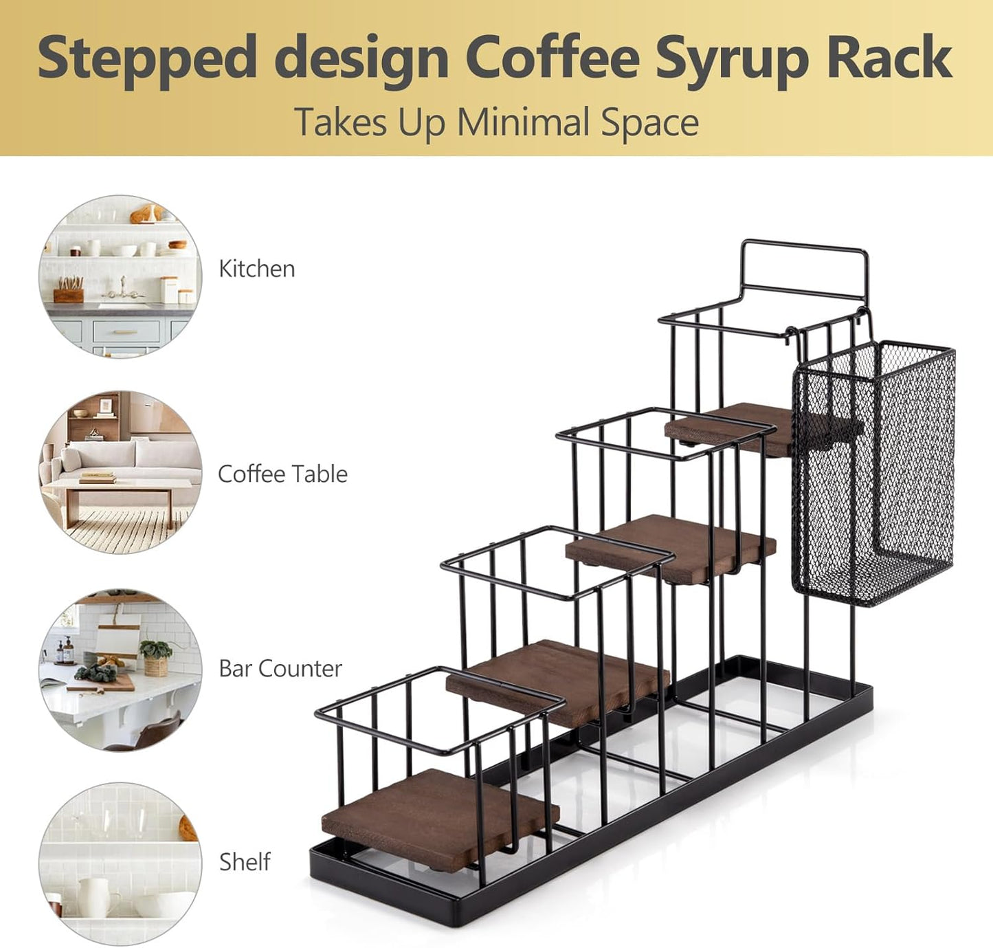 Coffee Syrup Rack Organizer, with Rustic Wood Holder Coffee Station Bar Accessory for Syrup, Wine, Dressing Bottle Countertop Display Storage Stand for Kitchen with Basket and Hooks Holds 4 Bottles