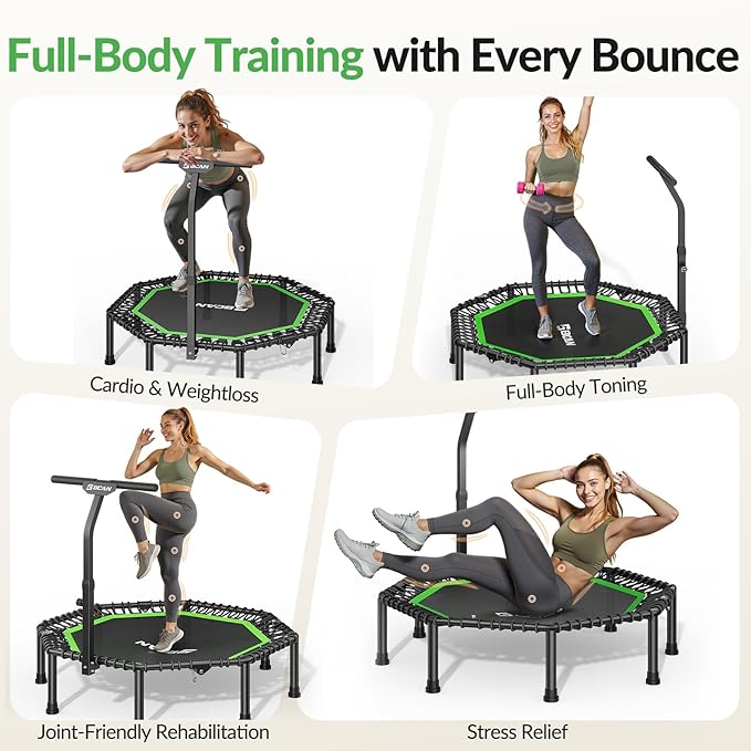 BCAN 51" Octagonal Mini Trampoline, Max Load 450 LBS Fitness Trampoline with T-Adjustable Handle Bar, Silent Bungees, Larger, More Stable, Quieter Exercise Rebounder for Adults Indoor/Garden Workout