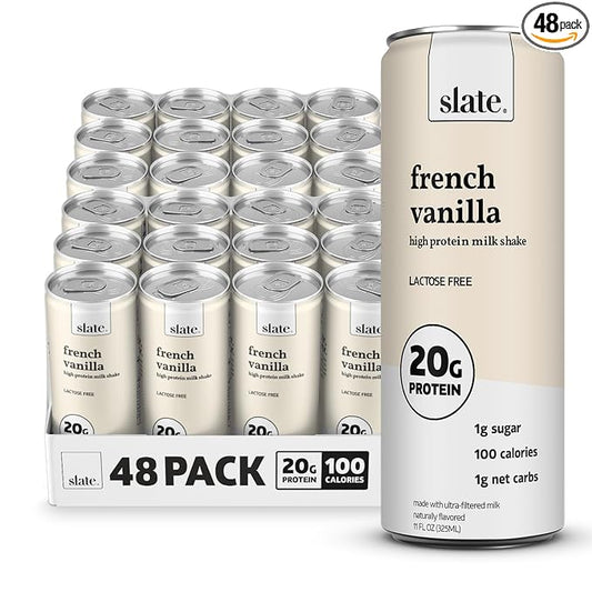 Slate Milk - High Protein Milk Shake - French Vanilla - Lactose Free, 20g Protein, 1g Sugar, 100 Calories, 1g Net Carbs, No Added Sugar - Natural, Breakfast Boost, Post Workout - 11 fl oz, 48 Cans