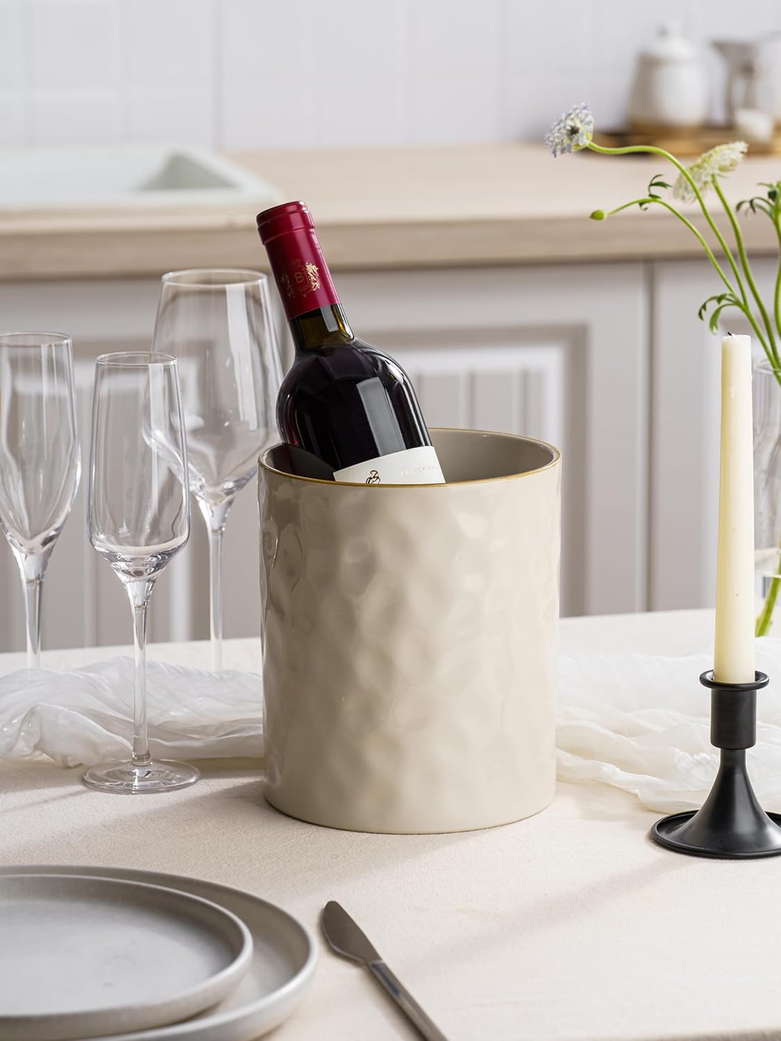 famiware Ocean Utensil Holder, 7.2"+5.8" Ceramic Kitchen Utensil Holder for Countertop, Cooking Utensil Crocks, Utensil Organizer for Spatula & Spoon, Kitchen Decor, Set of 2, Vanilla White