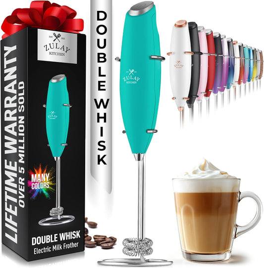 Zulay Kitchen Powerful Double Whisk Milk Frother Handheld - Foam Maker With Stand - Whisk Drink Mixer for Coffee, Mini Foamer for Latte, Matcha, Frappe, Hot Chocolate & Cappuccino (Caribbean Aqua)