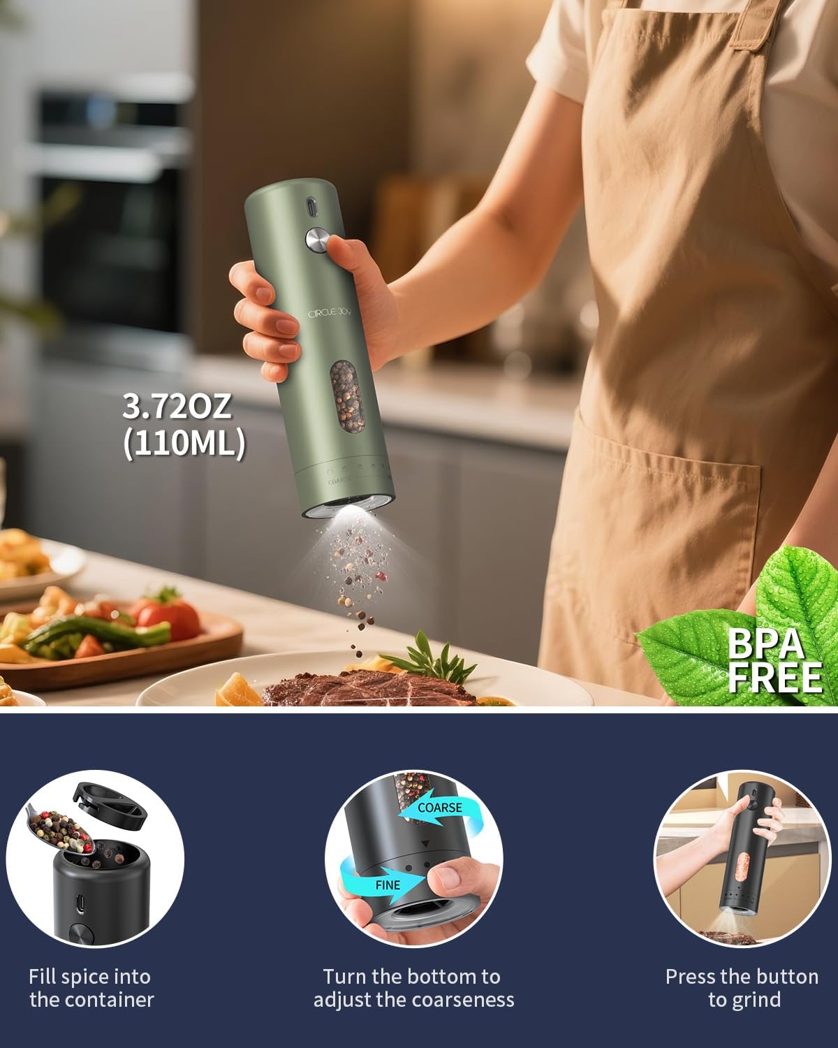 CIRCLE JOY Rechargeable Electric Salt and Pepper Grinder Set with Base, Automatic Pepper Mills with 110ml Container, External Adjustable Coarseness, White Led Light and One-Handed Operation, Green