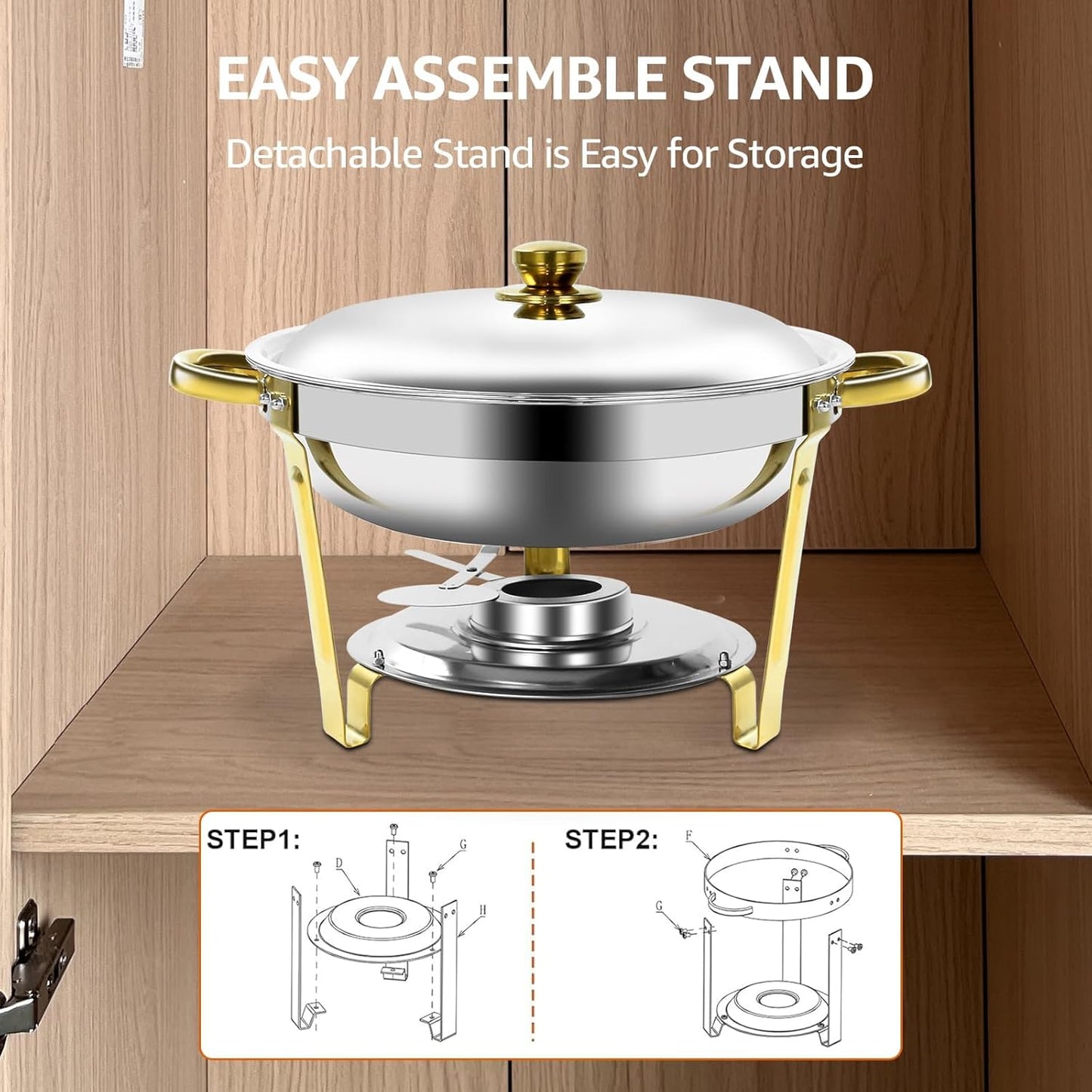 Gold & Silver Chafing Dishes for Buffet with Lid 5QT, 8 Pack - Food-Grade Stainless Steel Chafers and Buffet Warmers Sets with Lid Holder, Rolled Edge Design, for Party, Banquet