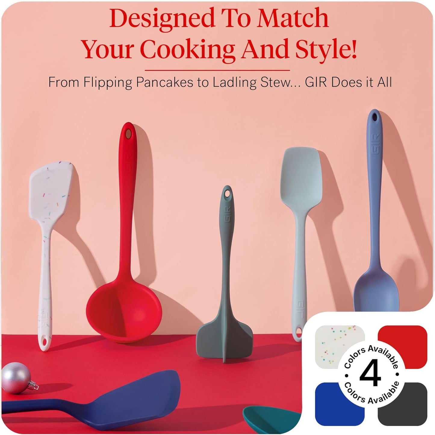 GIR: Get It Right 5-Piece Silicone Essentials Kitchen Utensils Set - Ladle, Spatula, Flip, Spoon & Spoonula - Non-Toxic Cooking Utensils for Nonstick Cookware, Cooking and Baking - Fire Red